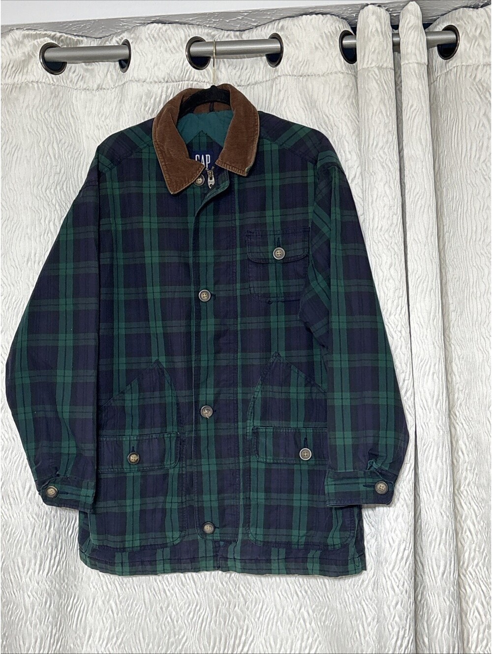 Vintage 90s GAP Blue Tag Plaid Field Jacket Corduroy Collar Quilted-XS
